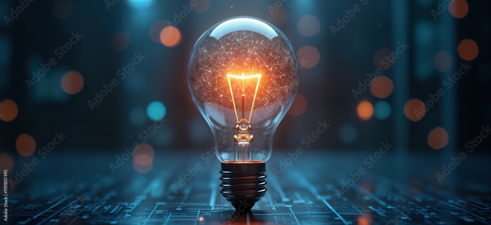 Poster glowing light bulb with digital network inside. futuristic tech concept. innovative idea. complex ne