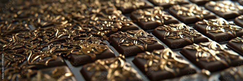Poster pistachio filled chocolate bar adorned with intricate arabesque patterns and golden accents. generat