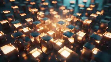 Obraz premium A vibrant, abstract scene of glowing cubes creating a dynamic, futuristic atmosphere.