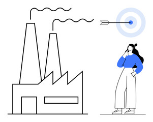Factory chimneys emitting smoke, bullseye target with arrow, thoughtful woman with hand on chin. Ideal for business strategy, goal setting, industrial planning, focus, precision, success