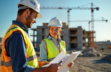 Two construction professionals supervise building project. Woman engineer inspects plans worker checks device. Building site with cranes, structure under construction. Outdoor scene suggesting
