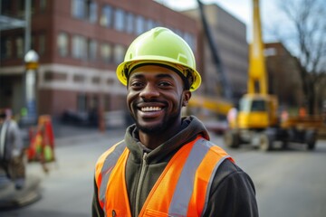 Fototapeta premium Smiling portrait of a young male African American construction site worker