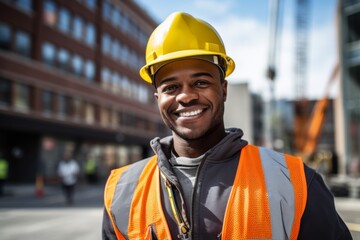 Smiling portrait of a young male African American construction site worker