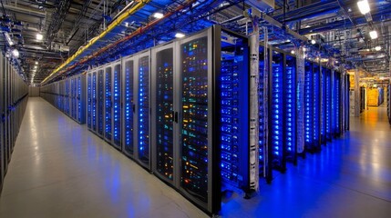 Futuristic Data Center Interior with Rows of Server Racks Illuminated by Vibrant Blue LED Lights in a High-Tech Environment