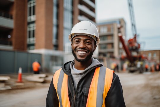 Smiling portrait of a young male African American construction site worker