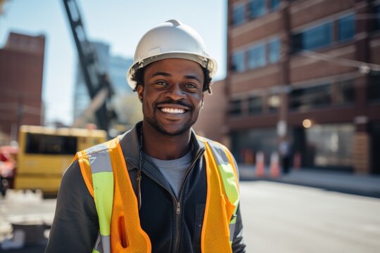 Smiling portrait of a young male African American construction site worker