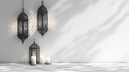 Ramadan lanterns candles white background