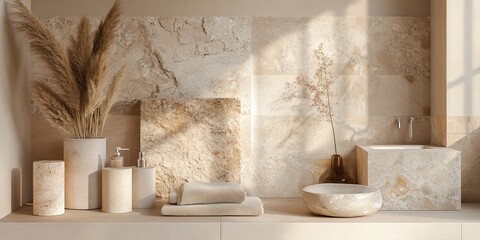 Sunlit spa bathroom; stone walls, pampas grass; calm, minimalist design