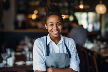 Obraz premium Smiling portrait of a young female African American waitress in cafe