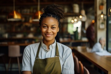 Smiling portrait of a young female African American waitress in cafe