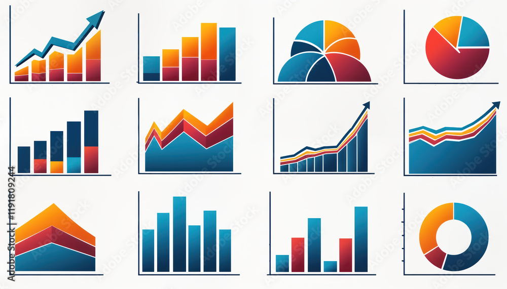 Poster colorful graphs, charts in various styles. collection of modern business graphic elements. set of di