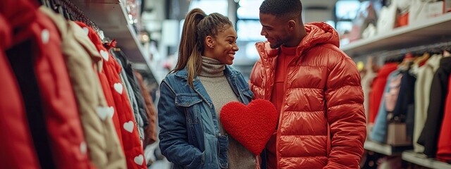Obraz premium Couple enjoys Valentine shopping for matching outfits during sale season