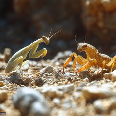 Two mantises face off on rocky ground.