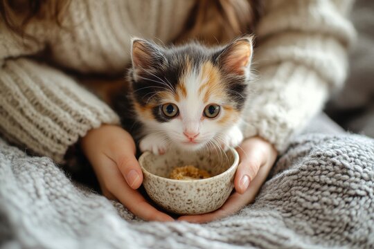 Person gently offers bowl to inquisitive calico kitten in cozy room
