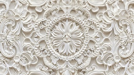 Intricate white ornamental design featuring floral and scroll motifs.