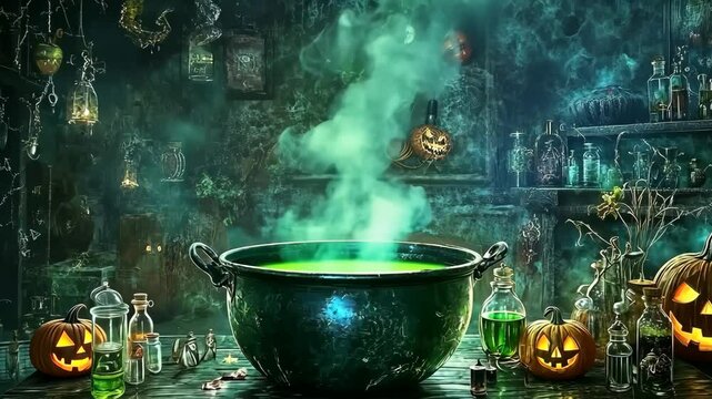 Mysterious green potion brews in a cauldron surrounded by eerie Halloween decor at midnight