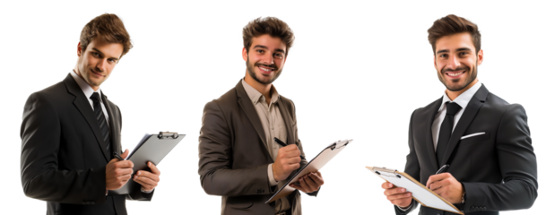 Young Businessman Writing on a Clipboard On Transparent Background