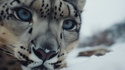Fototapeta premium Close-up of a snow leopard's face, highlighting its piercing blue eyes, intricate spotted fur, and snowy background.