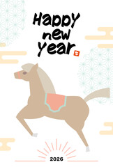 縦型午年年賀状ベクターイラスト 和風 和柄 かわいい シンプル 馬 2026年 