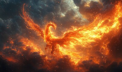Fiery phoenix ascends through stormy clouds.