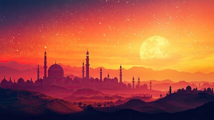 Obraz premium Desert city skyline at sunset, full moon, starlit sky