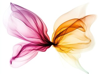 Abstract pastel pink and yellow smoke forming butterflylike shapes over a clean white background, Pastel Smoke Art, Whimsical charm