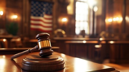 American Courtroom Justice Gavel Closeup: Symbol of Law and Order in a Traditional Setting