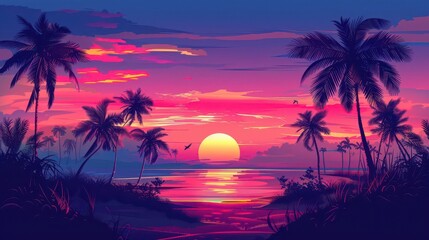 A vibrant sunset over a tropical beach, framed by palm trees and colorful skies.