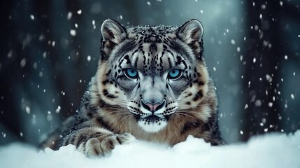 A snow leopard with a commanding presence, sitting upright in a snow-covered forest, gazing intently with its striking blue eyes as snowflakes gently fall around it.