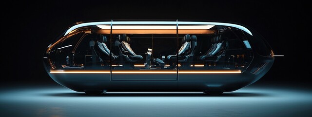 Naklejka premium Modern drone taxi with transparent cabin and visible interior in futuristic setting