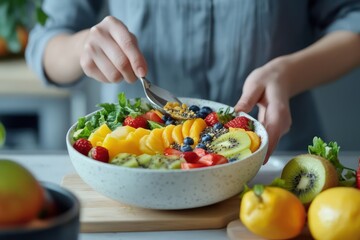 A dietitian preparing a colorful smoothie bowl with fresh fruits and seeds in a minimalist kitchen