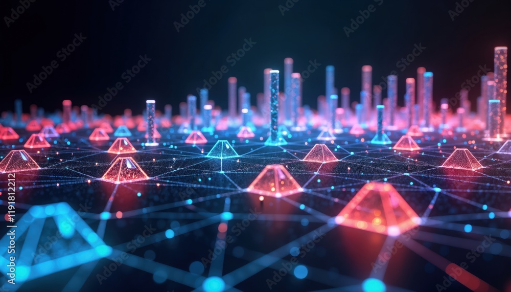 Poster abstract tech design with glowing geometric shapes. pyramid-like structures, vertical lines create n