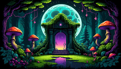 Obraz premium Enchanted Forest Gateway: A Pixel Art Fantasy