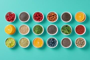 Fresh Cut Fruits, Nuts, and Seeds Top Down View with Vibrant Colors