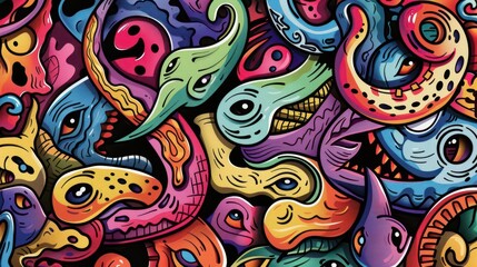 A vibrant, abstract illustration featuring colorful, whimsical creatures and shapes.