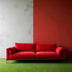 Modern red sofa on grass in living room, modern interior design, minimalist style