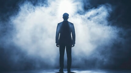 Silhouette of man in suit under spotlight, dramatic atmosphere, fog
