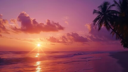 A serene beach at sunset, with vibrant colors reflecting on the water and palm trees.