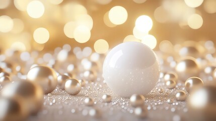 Fototapeta premium Shiny white sphere surrounded by golden spheres, sparkling background, luxurious feel, soft reflections, elegant design