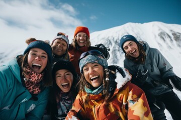 Diverse group of smiling snowboarders on snowy mountain