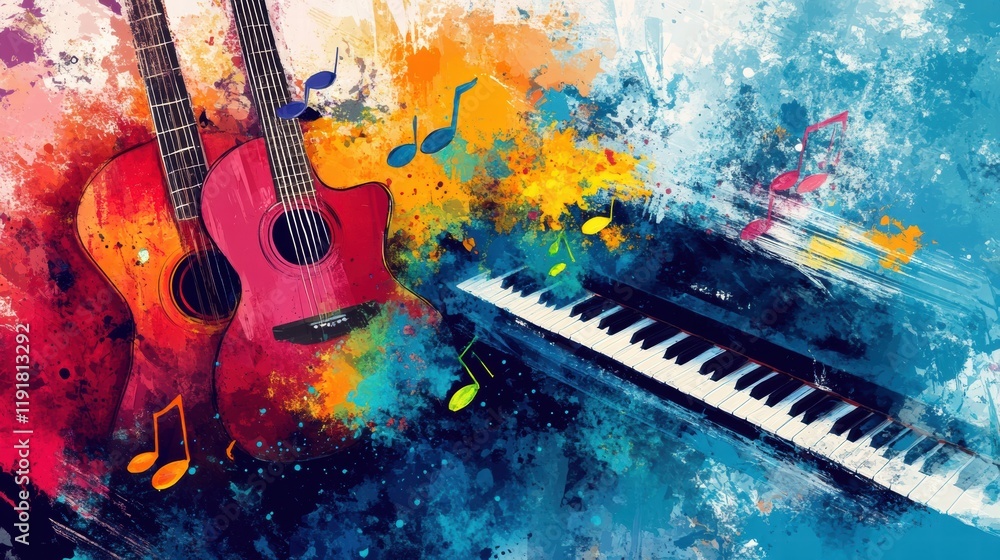 Poster Musical instruments and vibrant colors create a dynamic atmosphere filled with creativity and artistic expression. Generative AI