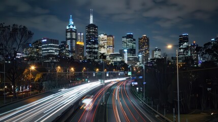Obraz premium Nighttime cityscape with illuminated buildings and light trails on a busy road.