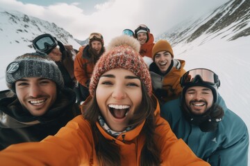 Diverse group of smiling snowboarders on snowy mountain