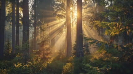 Sunlight filters through trees in a serene forest, creating a peaceful atmosphere.