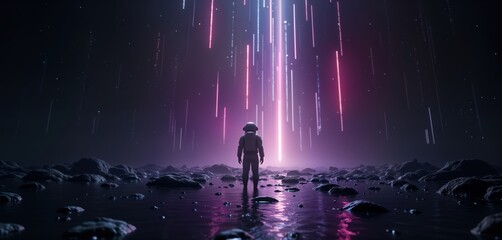 Astronaut explores new universe. Cosmic panorama shows astronaut in spacesuit. Bright light portal opens in dark sky. Rocks, water surround explorer. Futuristic fantasy concept. Space travel