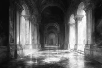 Fototapeta premium Long, dark hallway; ornate columns, arched ceilings.
