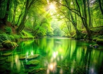 Obraz premium Long Exposure Photography: Serene Green Forest Pond - Magical Night Scene, Mystical Nature, Dreamy Landscape
