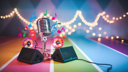 Fototapeta premium Retro Microphone Music Notes Speakers Colorful Stage