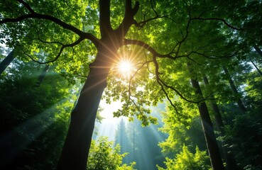 Obraz premium Sunlight streams through green forest canopy. Trees create natural frame around bright light. Beautiful green leaves form bright natural backdrop. Eco friendly scene. Nature inspires. Healthy