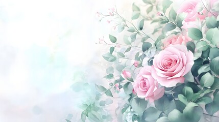 Fototapeta premium Delicate Pink Roses and Green Leaves Watercolor Painting